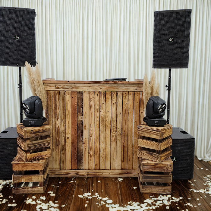 Burnt wood effect rustic booth with matching crates..
