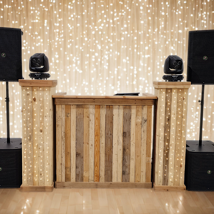 Lighter wood effect rustic booth with matching podiums with or without fairy lights,